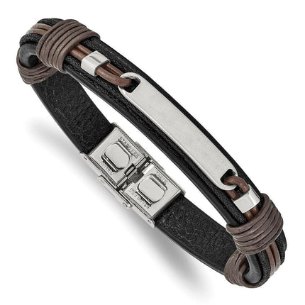 Stainless Steel Polished Black and Brown Leather 8.25in Bracelet ,