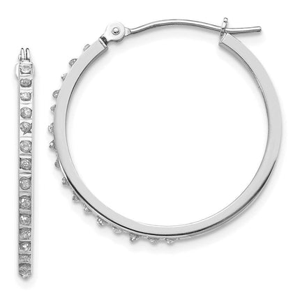 14k White Gold Diamond Fascination Round Hinged Hoop Earrings ,