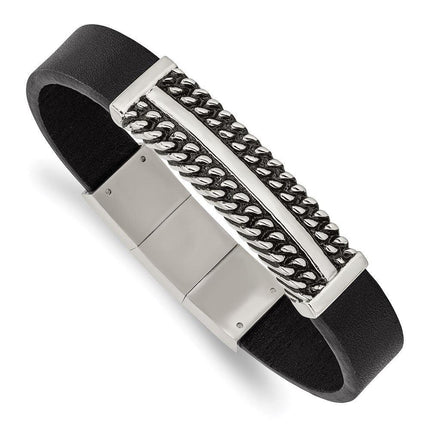 Stainless Steel Antiqued & Polished Black Leather w/.5in ext 8in Bracelet ,