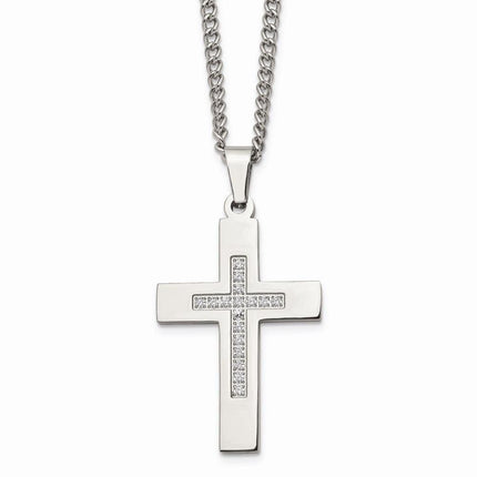 Stainless Steel Polished CZ Cross Necklace ,