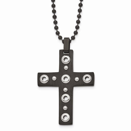 Stainless Steel Brushed and Polished Black IP-plated Cross Necklace ,