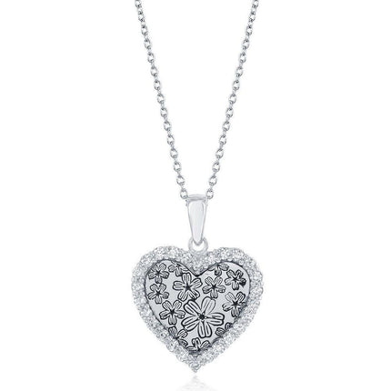 Sterling Silver CZ Border Heart with Flower Design Necklace ,