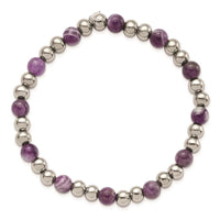 Stainless Steel Polished Purple Zebra Amethyst Beaded Stretch Bracelet ,