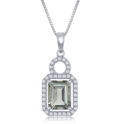 Sterling Silver Green Amethyst Border Necklace ,