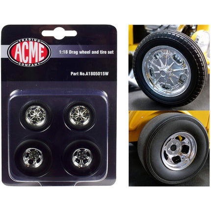 Acme 1/18 Scale Wheel and Tire Set - Chrome Drag from "1932 Ford 3 Window", 4 Pieces ,