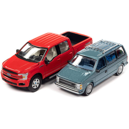 Auto World 1/64 Scale Pickup Truck and Car - Set of 2 Pieces Red and Blue Metallic ,