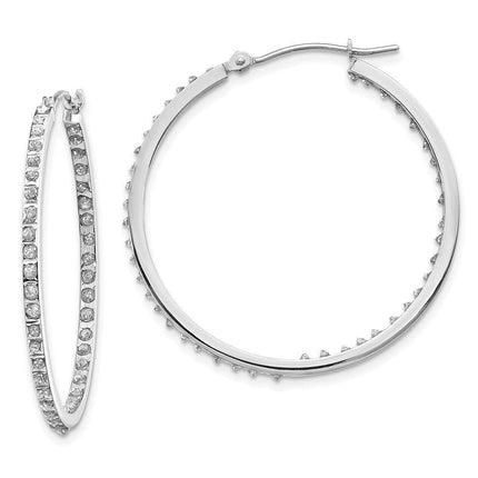 14k White Gold Diamond Fascination Round Hinged Hoop Earrings ,