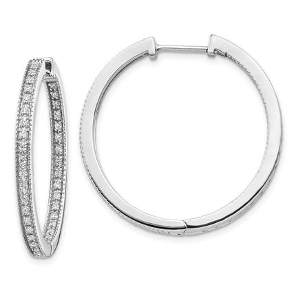 14K White Gold Polished Diamond In and Out Hinged Hoop Earrings ,