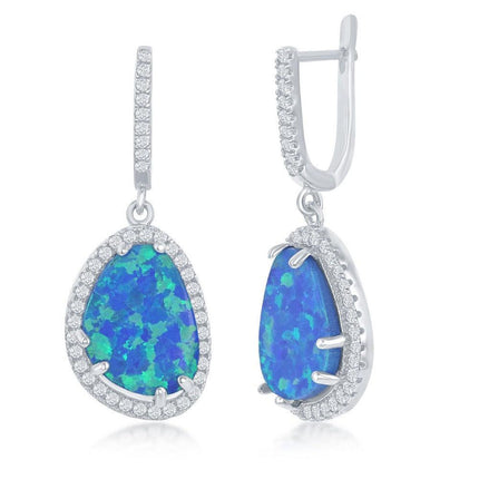 Sterling Silver Blue Inlay Opal Triangle Earrings ,