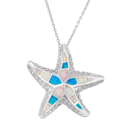Sterling Silver White; Pink; and Blue Inlay Opal Starfish Pendant ,