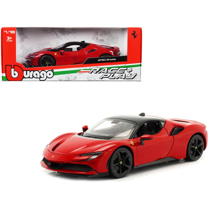 Bburago 1/18 Model Car - Ferrari SF90 Stradale Red with Black Top Race + Play ,
