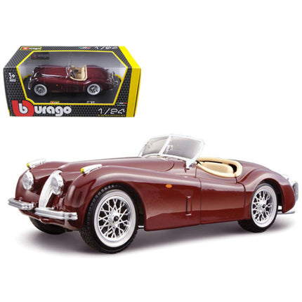 Bburago 1/24 Diecast Model Car - 1951 Jaguar XK 120 Roadster Burgundy Rubber Tires ,
