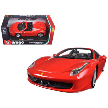 Bburago 1/24 Diecast Model Car - Ferrari 458 Spider Opening Doors Rubber Tires Red ,