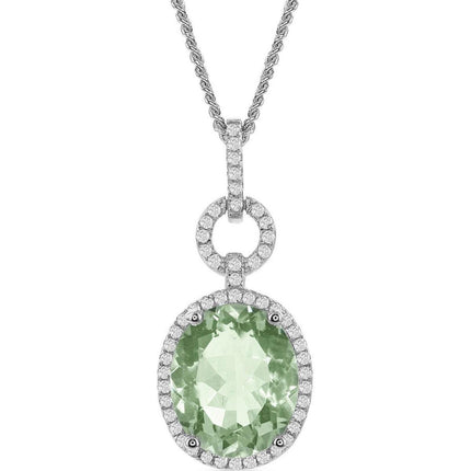 Women's Necklace - Green Amethyst Oval with White Topaz Border | BLK-7555 ,