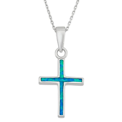 Sterling Silver Blue Inlay Opal Cross Pendant ,