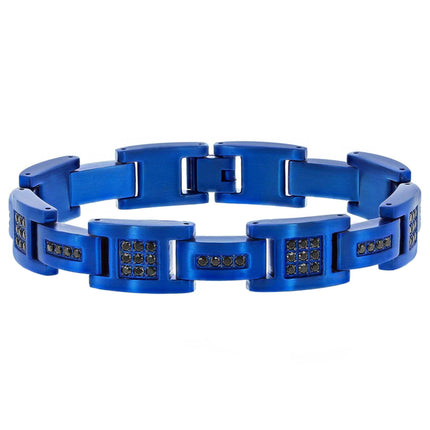 Men's Bracelet - Blue Plated Stainless Steel and Black CZ Link | ST-1610 ,