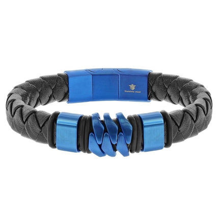 Men's Bracelet - Blue Stainless Steel and Genuine Black Leather | ST-1620 ,