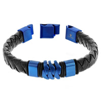 Men's Bracelet - Blue Stainless Steel and Genuine Black Leather | ST-1620 ,