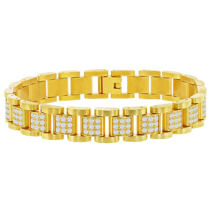 Men's Bracelet - YG Plated Stainless Steel CZ Pave Square Link | ST-1614 ,