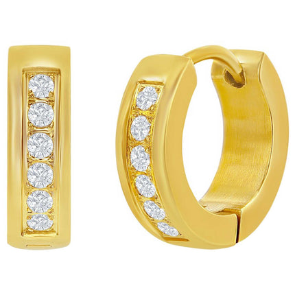 Men's Earrings - Gold Plated Steel 13mm Huggie Hoop Single Row CZ | SA-6078 ,