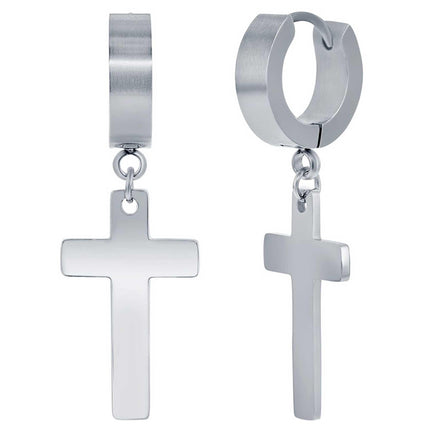 Men's Earrings - Stainless Steel Cross Charm Polished Huggie Hoop | SA-6084 ,