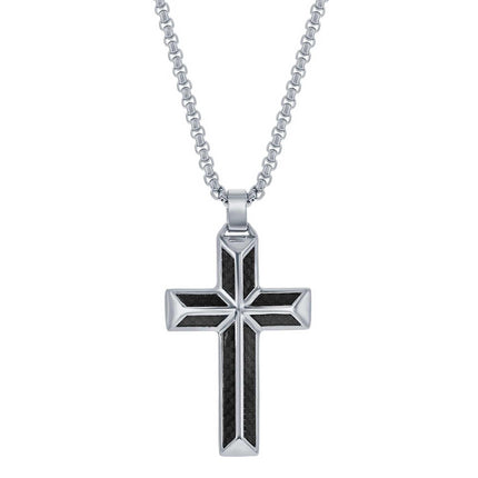 Men's Necklace - Stainless Steel Black Carbon Fiber Cross Pendant | SL-7088 ,