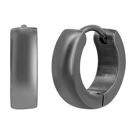 Women's Earrings - Black Plated Steel 13mm Polished Huggie Hoop | SA-6083 ,