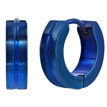 Women's Earrings - Blue Plated Steel 13mm Lined Huggie Hoop | SA-6080 ,