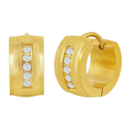 Women's Earrings - Gold Plated Stainless Steel 13x7mm CZ Hoop | SA-6087 ,