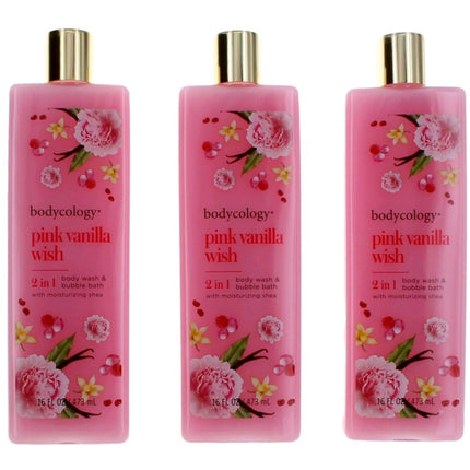 Bodycology Women's Body Wash and Bubble Bath - 2 in 1 Pink Vanilla Wish, Pack of 3 ,