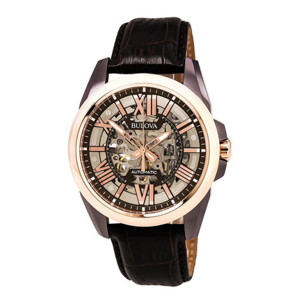 Bulova 98A165 Men's Automatic Brown Skeleton Dial Brown Leather Strap Watch ,