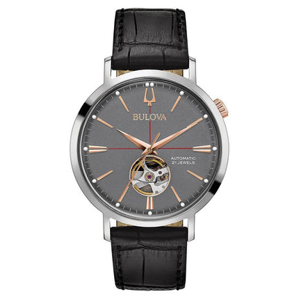 Bulova 98A187 Men's Classic Automatic Grey Semi-Skeleton Dial Black Leather Strap Watch ,