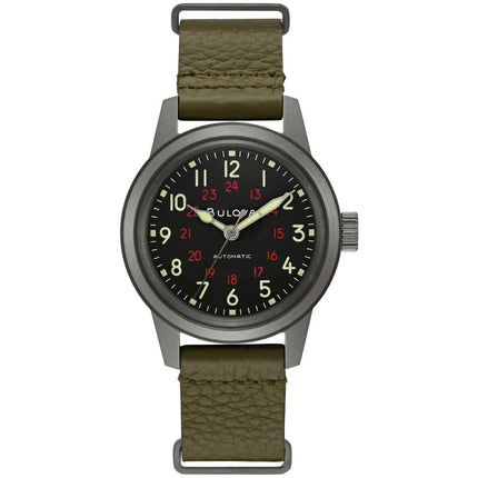 Bulova Men's Automatic Watch - Hack Black Dial Green Leather Strap | 98A255 ,