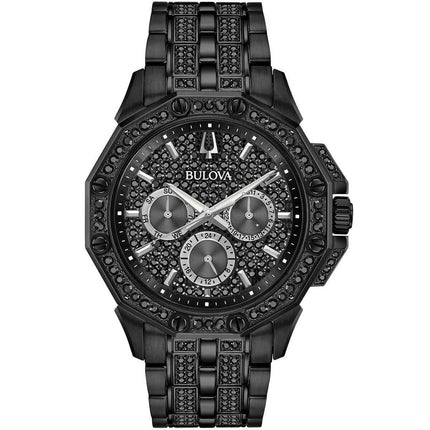 Bulova Men's Bracelet Watch - Crystal Quartz Day-Date Black Pave Dial | 98C134 ,