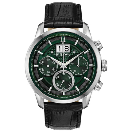 Bulova Men's Chronograph Watch - Classic Green Dial Black Leather Strap | 96B310 ,