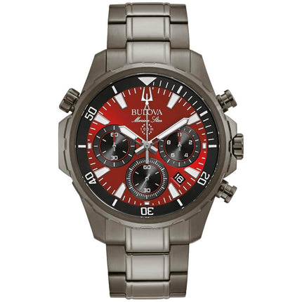 Bulova Men's Chronograph Watch - Marine Star Red Dial Grey Bracelet | 98B350 ,