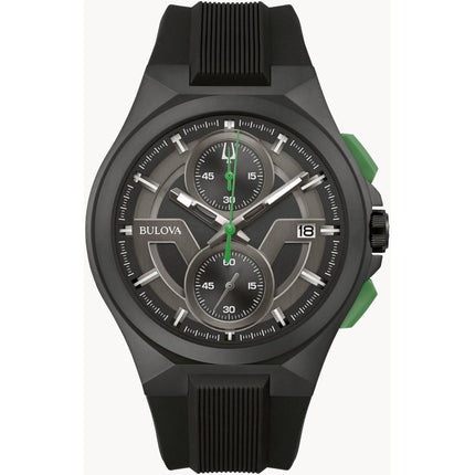 Bulova Men's Watch - Maquina Chrono Black and Dark Grey Dial Rubber Strap | 98B381 ,