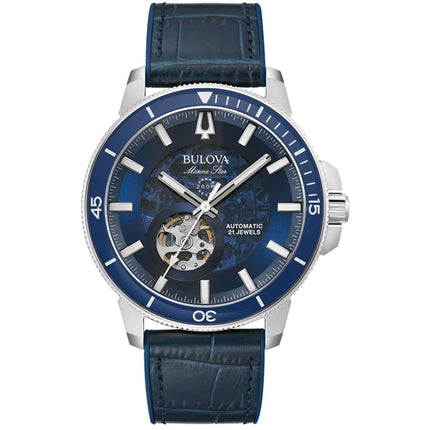 Bulova Men's Watch - Marine Star Automatic Open Heart Dial Blue Leather Strap | 96A291 ,