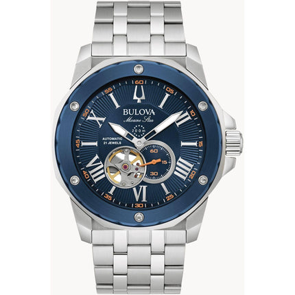 Bulova Men's Watch - Marine Star Open Heart Silver and Blue Dial Bracelet | 98A302 ,