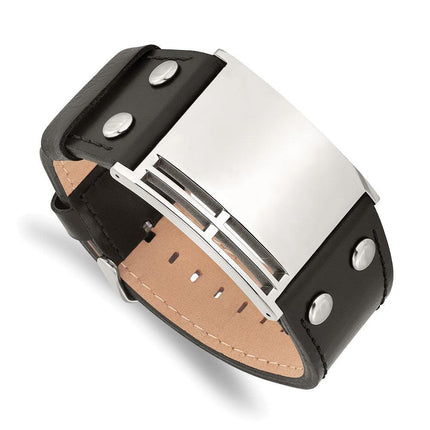 Stainless Steel Polished Black Leather Buckle Bracelet ,