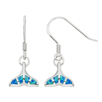 Sterling Silver Blue Inlay Opal Whale Tail Earrings ,