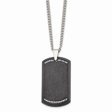 Stainless Steel Brushed LaserCut Black IP Plated CZ Dogtag Necklace ,