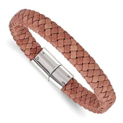 Stainless Steel Polished Woven Brown Leather Bracelet ,
