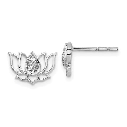 14k White Gold Diamond Lotus Flower Earrings ,