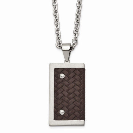 Stainless Steel Reversible Brushed & Polished with Brown Leather Necklace ,