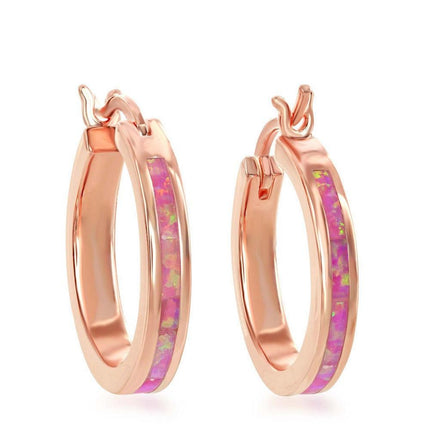 Sterling Silver Pink Inlay Opal Hoop Earrings ,