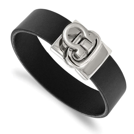 Stainless Steel Polished Black Leather Bracelet ,