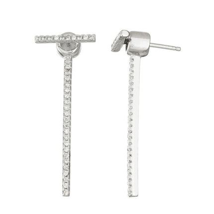 Sterling Silver CZ Front and Back Long Bar Earrings ,