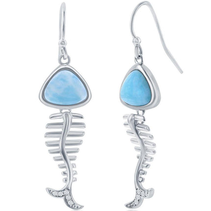 Women's Earrings - Blue Larimar and CZ Fish Skeleton | D-7995 ,