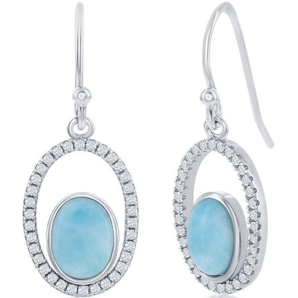 Women's Earrings - Sterling Silver Oval Larimar with CZ | D-7874 ,
